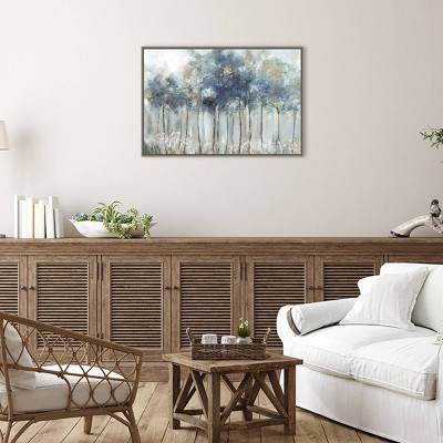 Blue and Gold Forest Landscape Canvas Print with Greywash Frame