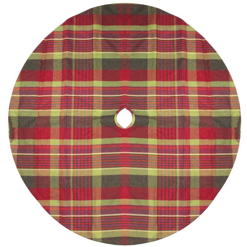 Northlight 48" Red and Green Plaid Rustic Woodland Christmas Tree Skirt with Green Trim, 1 of 3