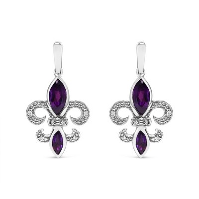 Haus of Brilliance Silver Marquise Amethyst and Diamond Accent Fleur De Lis Dangle Stud Earrings