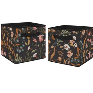 Sweet Jojo Designs Girl Fabric Storage Bins Set Boho Floral Wildflower Black Orange and Blue - 1 of 4