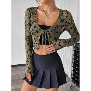 Coolmee Women's Cropped Cardigan Long Sleeve Floral Lace Mesh Sheer Tie Front Fashion Crop Tops - 1 of 4