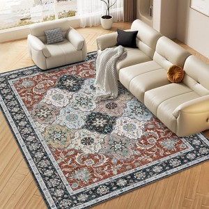 8'x10' Washable Boho Vintage Floral Rug, Non-Slip Backing, Low Pile, Foldable, Stain Resistant, Bedroom, Living Room, Guest Room, Office, Grey - 1 of 4