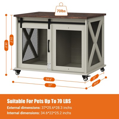 White Rolling Dog Crate Table with Dark Wood Top