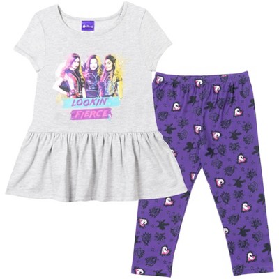 Disney Descendants Mal Evie Uma Peplum T-Shirt Capri Legging Set Grey/Purple 
