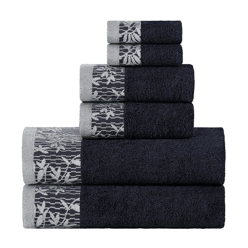 100% Cotton Medium Weight Floral Border Infinity Trim 8 Piece Assorted  Bathroom Towel Set, Black - Blue Nile Mills