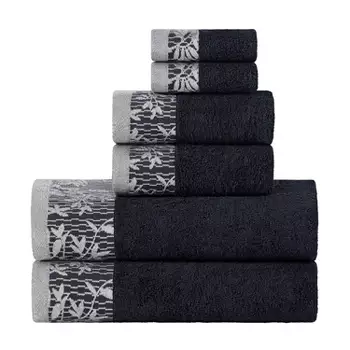 Fast-drying Zero-twist Cotton Assorted 6-piece Towel Set, Black - Blue ...