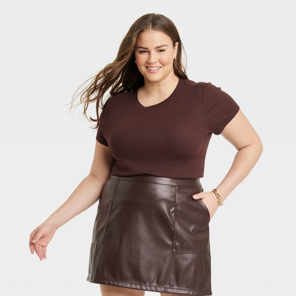Women's Slim Fit Short Sleeve Ribbed T-Shirt - A New Day™ Dark Brown XXL/6 CasePack 