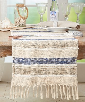 Blue and Beige Cotton Striped Table Runner with Fringe