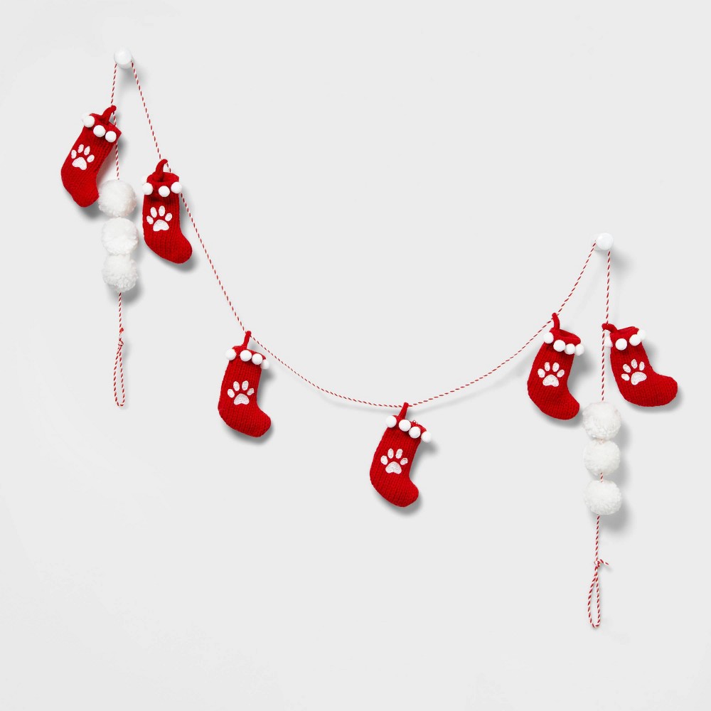 72" Mini Stocking Paw Print Christmas Garland Red/White - Wondershop