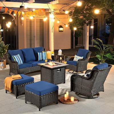 XIZZI Wicker Patio Furniture Set with 3-Seat Sofa, Swivel Rocking Armchairs & Ottomans & Side Table, Modular Sectional Outdoor Conversation Sofa Set