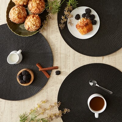 Black Woven Round Plastic Placemats Set of 6, 15"