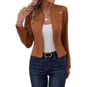 Open Front Jacket Casual Double Button Regular Sleeve Stand Collar Fit Crop Detail Wear Blazer Jacket For Women - 1 of 3