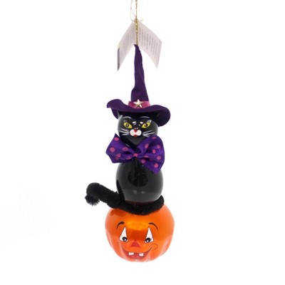 Italian Ornaments 7.25" Black Cat On Pumpkin Ornament Halloween Jol  -  Tree Ornaments