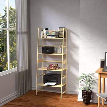 Ladder Shelf, 4/5 Tier, Bamboo Storage Rack , Leaning Storage Shelves, Modern Open Bookcase for Bedroom Office, Living Room-The Pop Home
