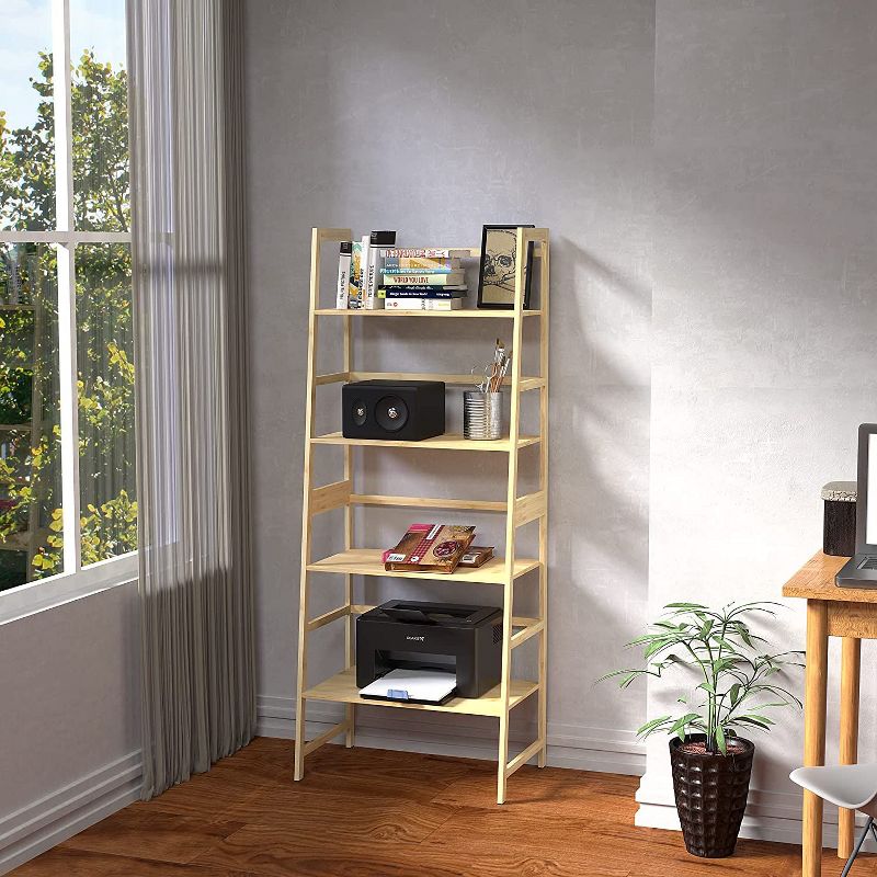 Ladder Shelf, 4/5 Tier, Bamboo Storage Rack , Leaning Storage Shelves, Modern Open Bookcase for Bedroom Office, Living Room-The Pop Home, 1 of 12