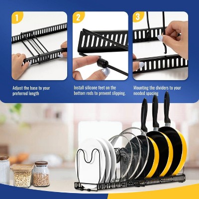 LunaLulinlk Pot Lid Organizer with 10 Adjustable Compartments, Expandable Metal Pots and Pans Organizer for Kitchen,Black