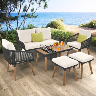 Zevemomo 6 Piece Rope Patio Furniture Set, All-Weather for Backyard with Handwoven Armchairs, Ottomans, Wood Cool Bar Table with Ice Bucket, Beige