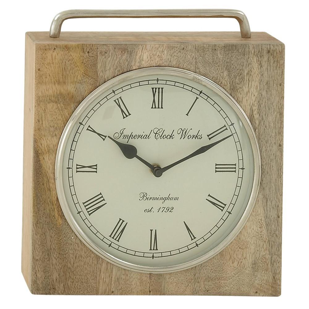 Photos - Wall Clock 11"x10" Mango Wood Clock with Silver Top Handle Brown - Olivia & May