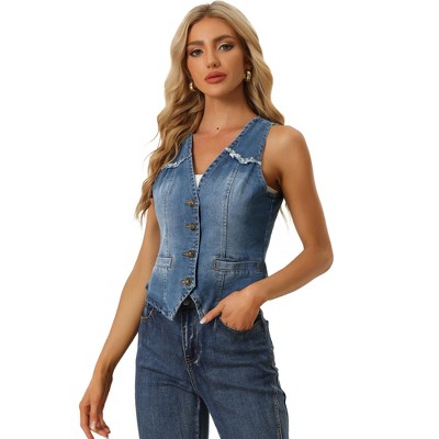 Allegra K Women's Denim Sleeveless Collarless Washed