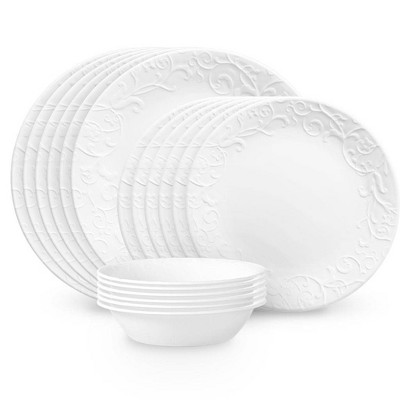 Corelle 18pc Vitrelle Embossed Bella Faenza Dinnerware Set White: Floral Pattern, Service for 6, Dishwasher & Microwave Safe