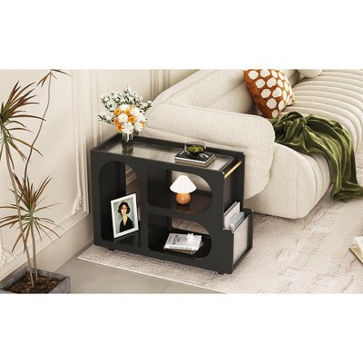 MAYEERTY 31.5x11.8x23.1 Modern Mobile End Table with Lockable Wheels for Living Room, Black