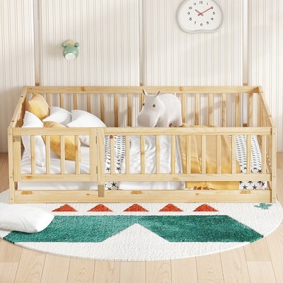 CAVINAS Full Size Wood Montessori Bed with Fence and Door,Modern Floor Bed with Slats,Toddler Bed for Bedroom