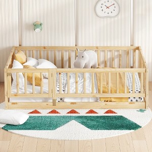 CAVINAS Full Size Wood Montessori Bed with Fence and Door,Modern Floor Bed with Slats,Toddler Bed for Bedroom - 1 of 4