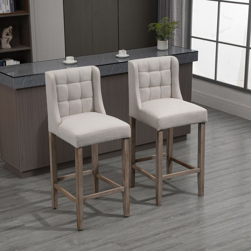 HOMCOM Modern Bar Stools, Tufted Upholstered Barstools, Pub Chairs with Back, Rubber Wood Legs for Kitchen, Dinning Room, Set of 4, Beige, 2 of 7