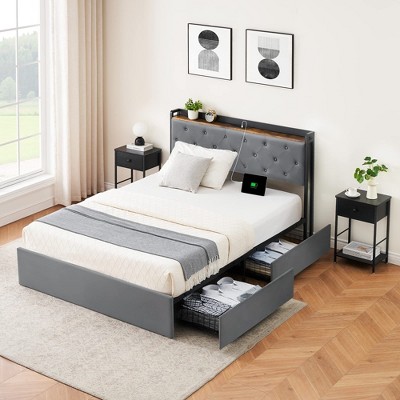Full Size Bed Frame with 4 Storage Drawers and Charging Station, Grey Upholstered Bed Frame with Storage Headboard