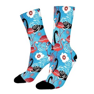 Bright Floral Flamingos Swans Women Printed Crew Socks Funny Funky Socks Soft Polyester Novelty Gifts for Artists Men - 1 of 1