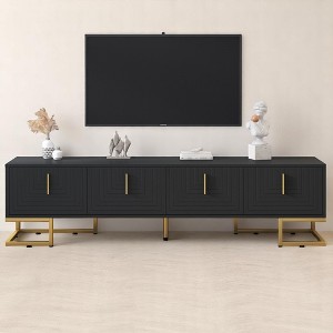 Modern TV Stand for TVs Up to 80'',Media Console Table with Cabinets,Adjustable Shelves, Metal Legs, Gold Handles,TV Cabinet with Geometric Lines - 1 of 4