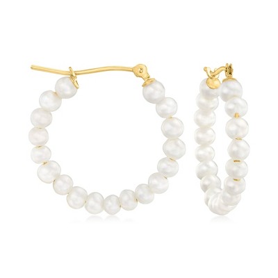 Ross-Simons 3-3.5mm Cultured Pearl Hoop Earrings in 10kt Yellow Gold