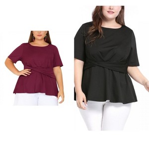 Women's Plus Size 2 Piece Twisted Knot Front Short Sleeves Crew Neck Solid Casual Peplum Blouses - Agnes Orinda - 1 of 4