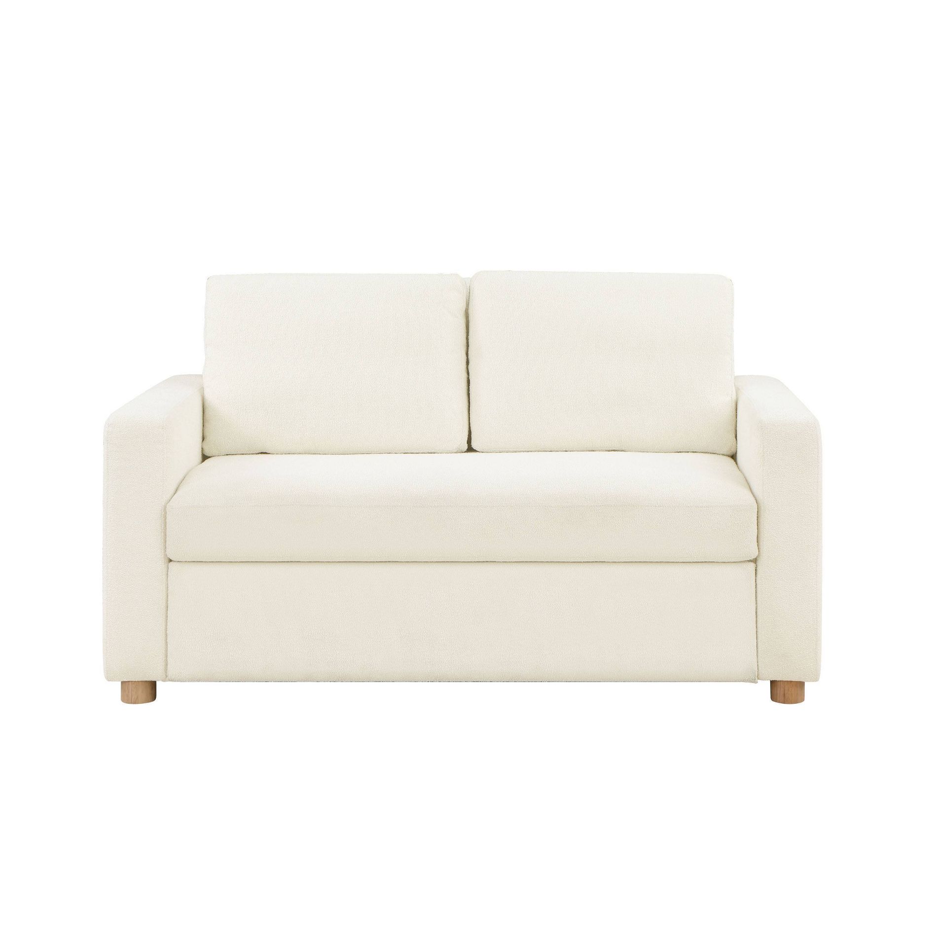 Serta Aurora Convertible Sofa Ivory Boucle: Lounger & Full Bed, Pocket Coils, Rubberwood Legs