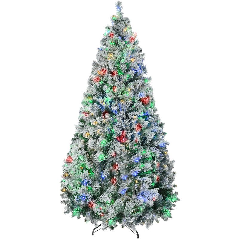 HOMCOM 9 FT Prelit Artificial Christmas Tree Holiday Decoration with Snow-flocked Branches, Warm White or Colorful LED Lights, 1 of 7
