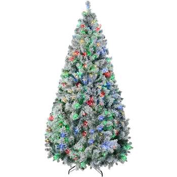 HOMCOM 9 FT Prelit Artificial Christmas Tree Holiday Decoration with Snow-flocked Branches, Warm White or Colorful LED Lights