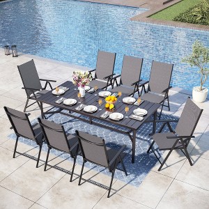 Captiva Designs 9pc Spacious Slat-top Rectangle Metal Table with Umbrella Hole & Black Textilene Reclining Foldable Chairs - 1 of 4