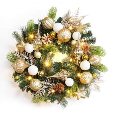 24" Christmas Wreath for Front Door, Artificial Xmas Wreath with Gold White Ball Ornaments Pine Cones and 20 LED Lights for Indoor Wall