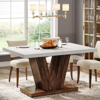 Okak Farmhouse Large Rectangular Dining Table with Sturdy Pedestal Base,Minimalist Kitchen Dinner Table for Dining Room,Breakfast Nook