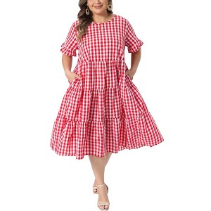 Women's Plus Size 1950s Gingham Vintage Plaid Crew Neck Flared Short Sleeve Tiered Summer Maxi A Line Dresses with Pockets - Agnes Orinda - 1 of 4