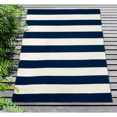 Navy Stripe Synthetic 4' x 6' Reversible Outdoor Rug
