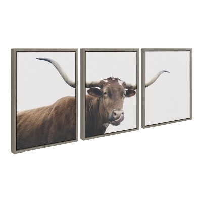 Kate and Laurel Sylvie Texas Longhorn Cow Lick 1 2 3 Framed Canvas by The Creative Bunch Studio, 3 Piece 18x24, Gray