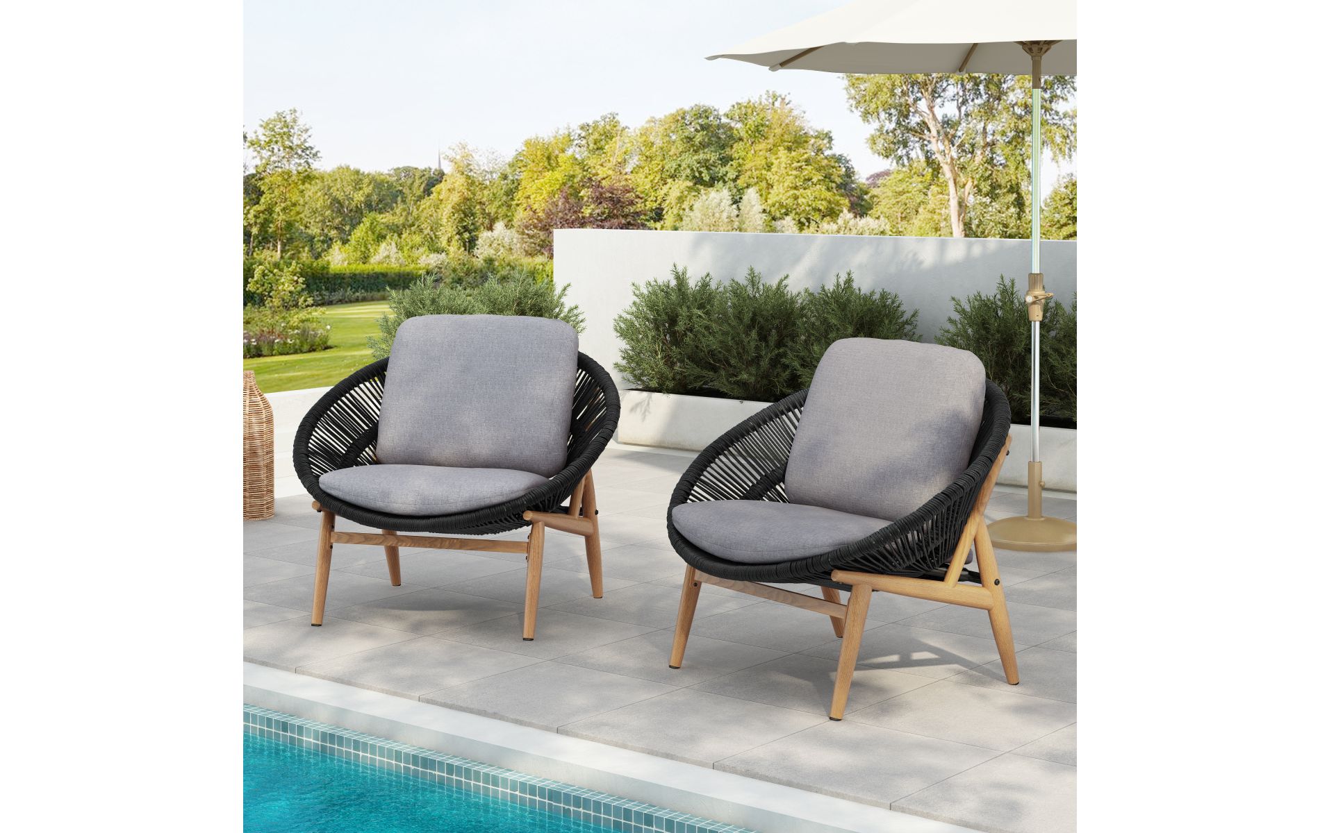 Set of 2 PE Rattan Boho Outdoor Lounge Chair with Deep Seating Gray Cushion, 32" UV Resistant Patio Chair-3irtyhousy