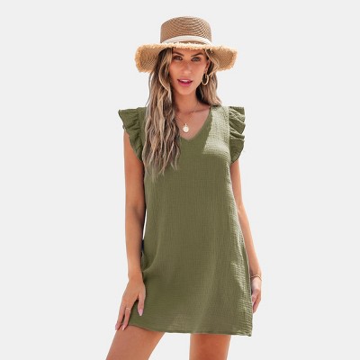 Women's Olive Green Back Tie Detail Flutter Sleeve Beach Dress - Cupshe