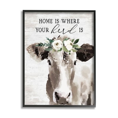 Stupell Your Herd Is Boho Floral Cow Framed Giclee