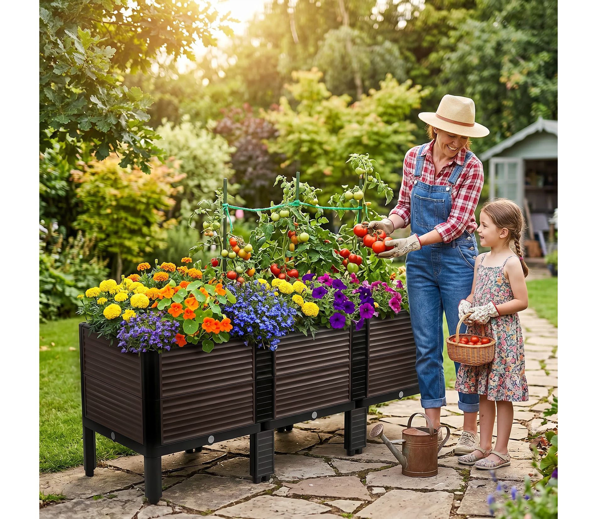 Extra Deep Raised Garden Bed with Legs, 3-Unit Modular Elevated Planter Box with Drainage Plugs, Tool-Free Assembly for Patio Balcony, Black-Brown