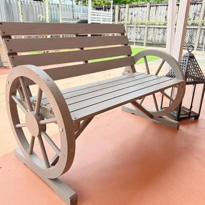 Charcoal Gray Fir Wood Wagon Wheel Outdoor Bench