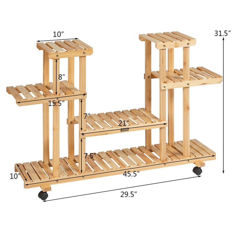 Costway 4-Tier Wooden Plant Stand W/Wheels Multipurpose Storage Rack, Wood Grain Color, 2 of 11