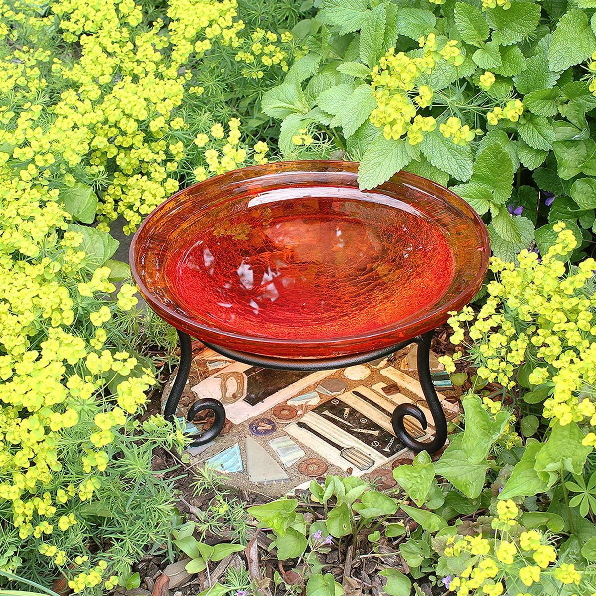 7" Reflective Crackle Glass Birdbath Bowl with Short Stand - Achla Designs: - thumbnail 8