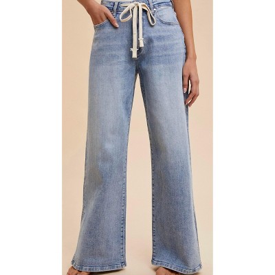Women's Waist Strap Detail Stretch Side Slit Wide Leg Jean - AnnieWear